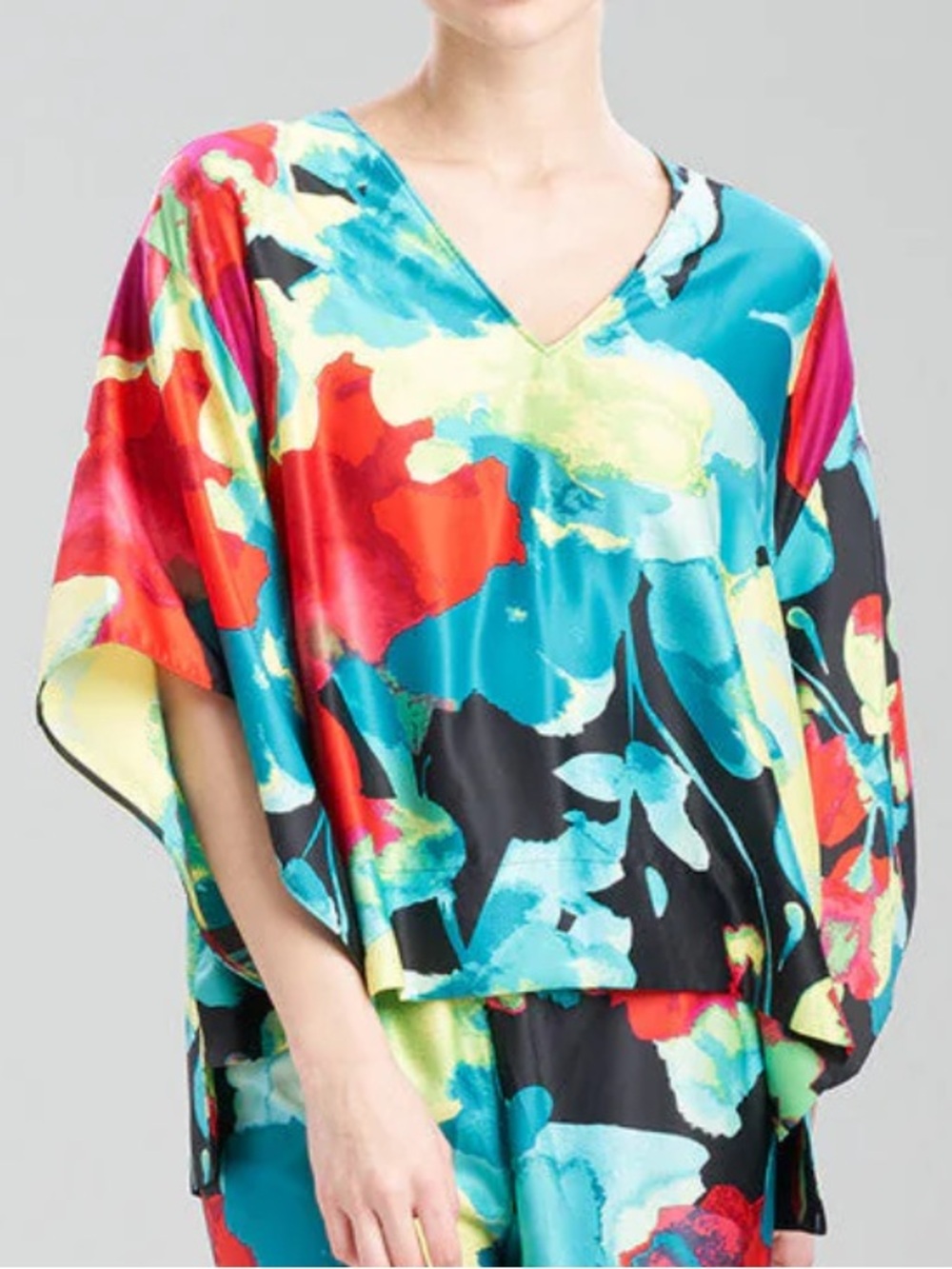 Natori Turquoise Multi Floral Silk V-Neck Caftan Top